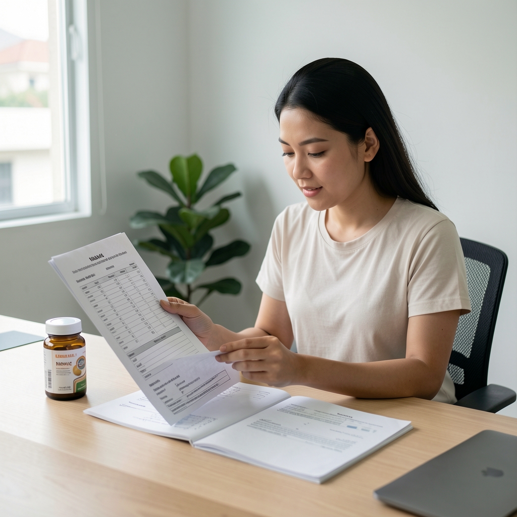 Qualified nutrition professional reviewing sourcing documentation at a clean wooden desk in a Jakarta studio, natural side light, stack of research notebooks