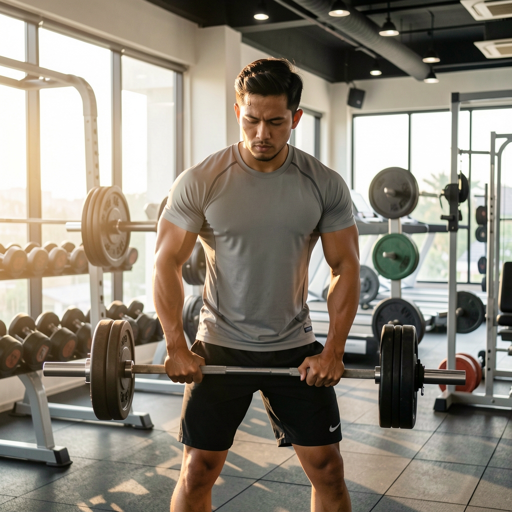 Active man in a modern Jakarta gym, training with free weights in early morning light, clean athletic attire, focused expression