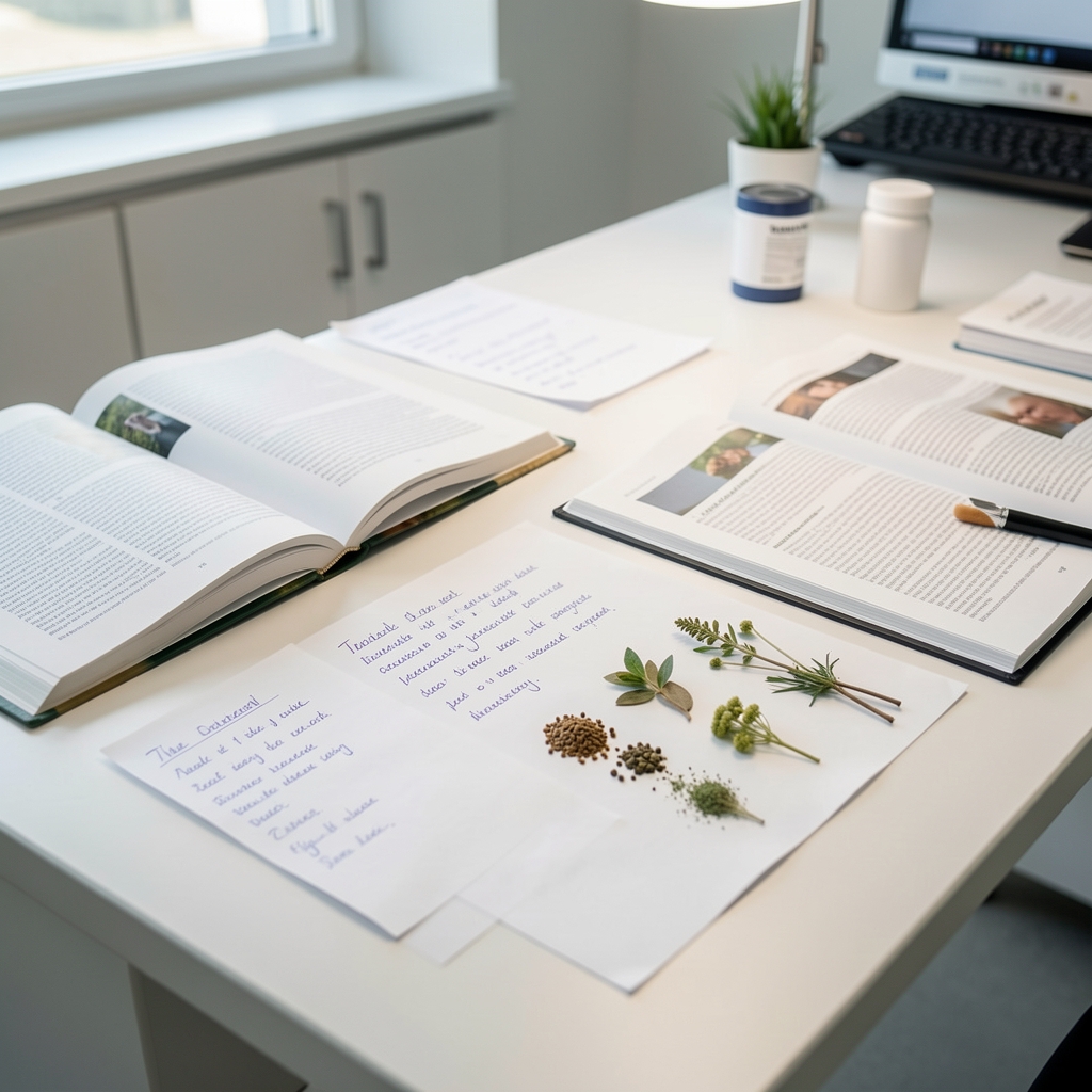 Wide-angle view of a clean nutrition research workbench with open journals, handwritten notes, and small botanical ingredient samples laid out systematically on white paper, under controlled lighting