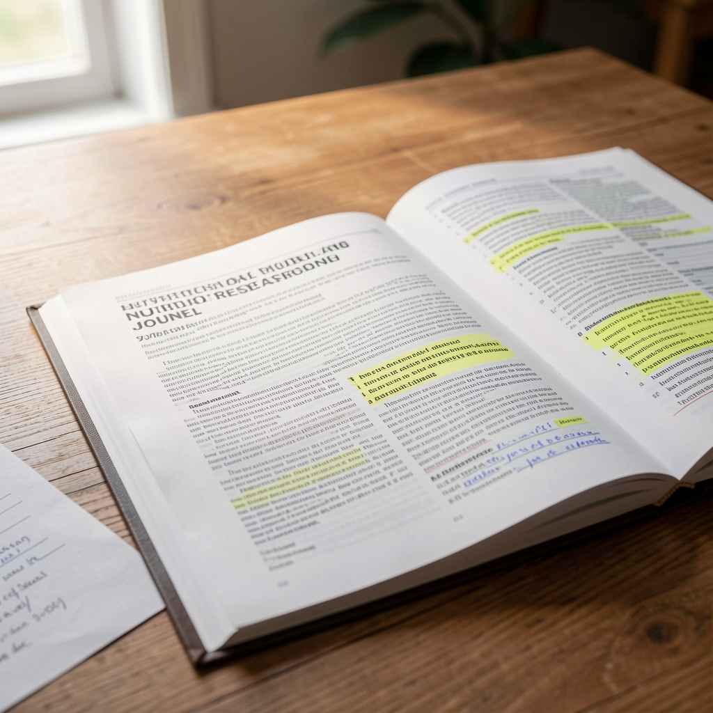 Close-up of open nutrition research journal on a wooden desk with printed paper references and highlighter notations, soft natural light from the left