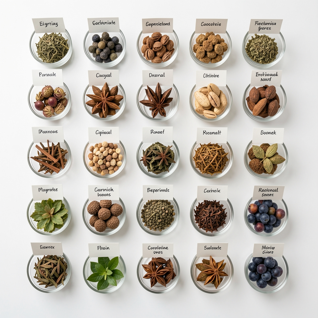 Grid arrangement of labelled botanical ingredient samples in small glass dishes on a white surface, each with a handwritten reference card, overhead flat-lay perspective