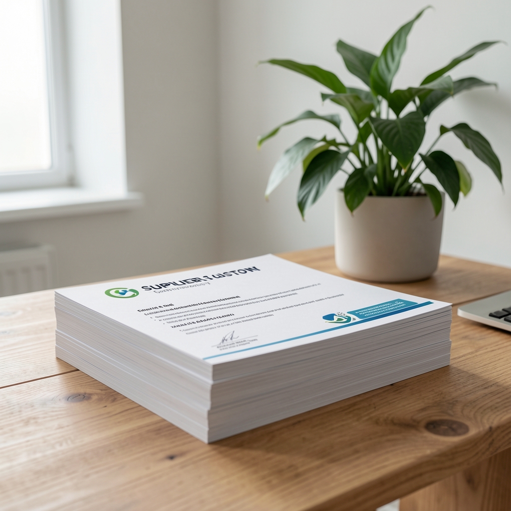 Stack of printed supplier chain-of-custody certificates on a natural wood desk with a green plant in the background, clean office environment with diffused daylight