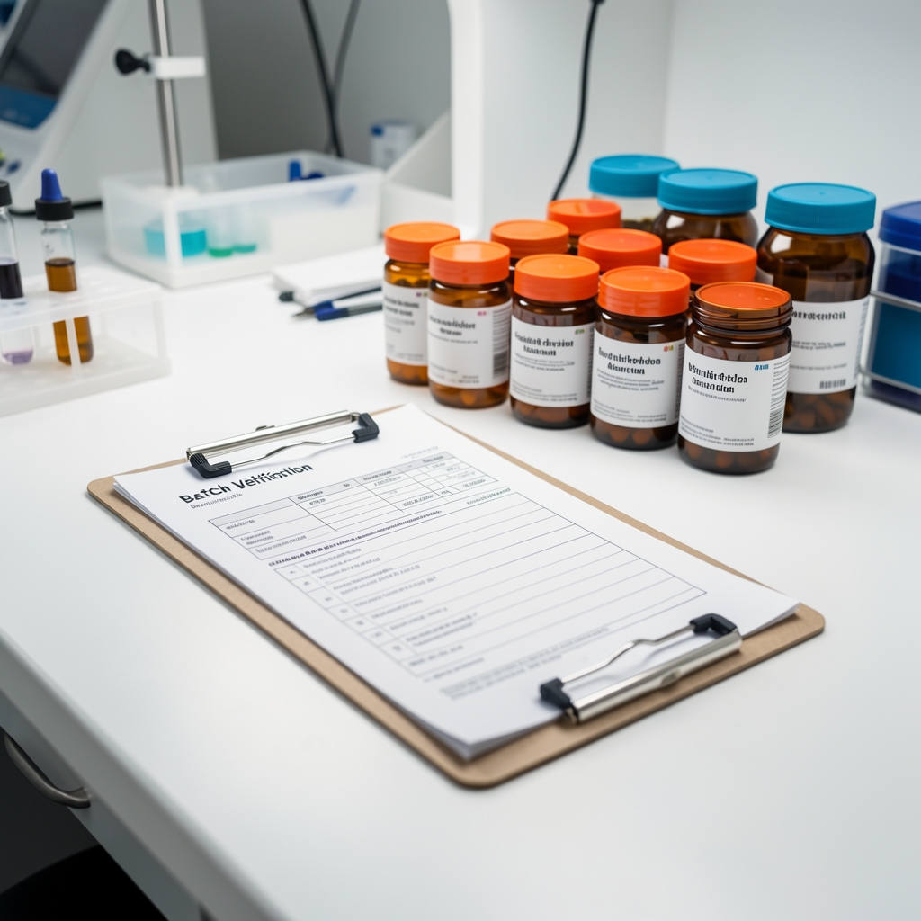 Quality-control workspace with printed batch verification report on a clipboard, amber supplement containers arranged behind it, bright workspace with white surfaces and controlled lighting