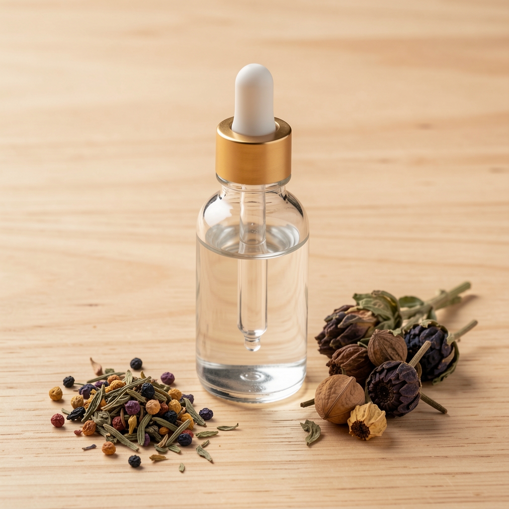 Glass dropper bottle with clear liquid supplement on a light oak surface with dried botanical ingredients arranged beside it