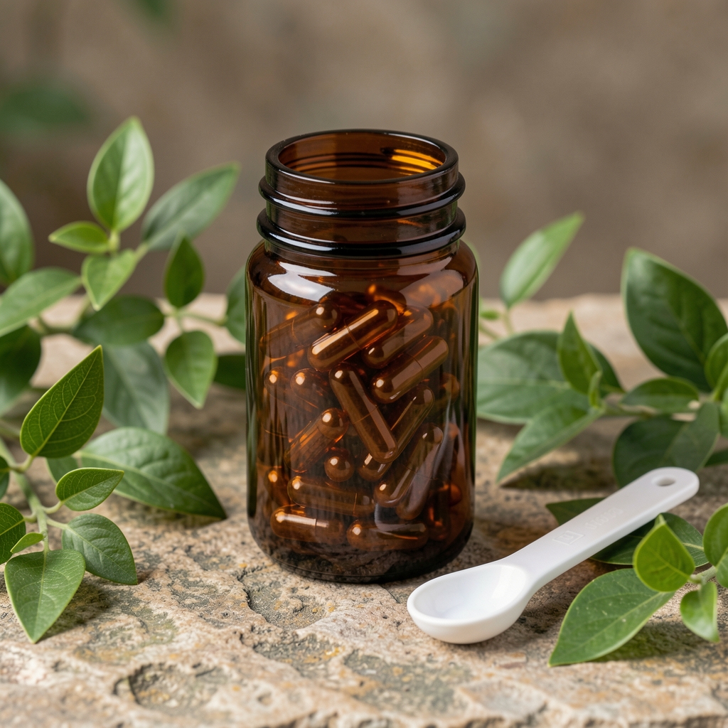 Dark amber glass supplement soft-gel container on a stone surface, surrounded by green plant-based leaves and a white measuring spoon