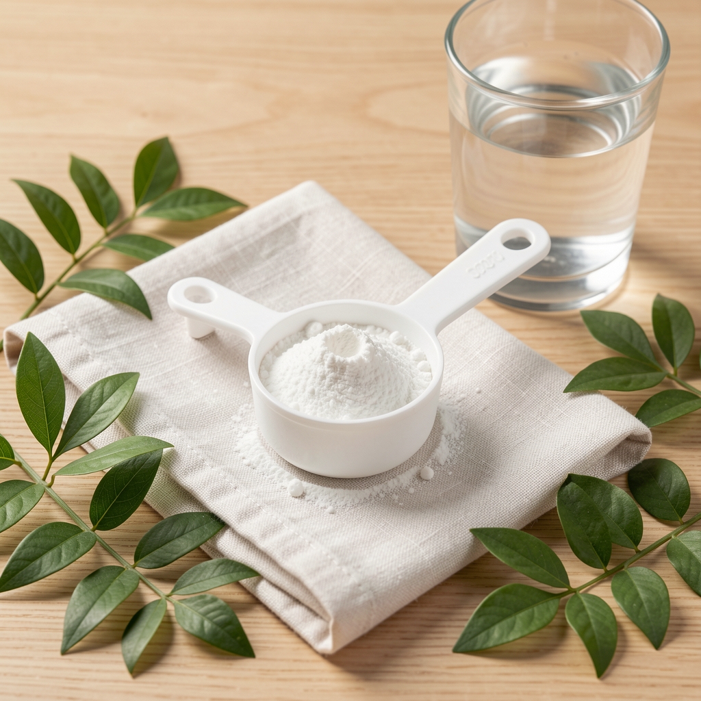 White supplement powder in a measuring scoop on clean linen cloth, surrounded by green botanical leaves and a glass of clear water on a light oak surface