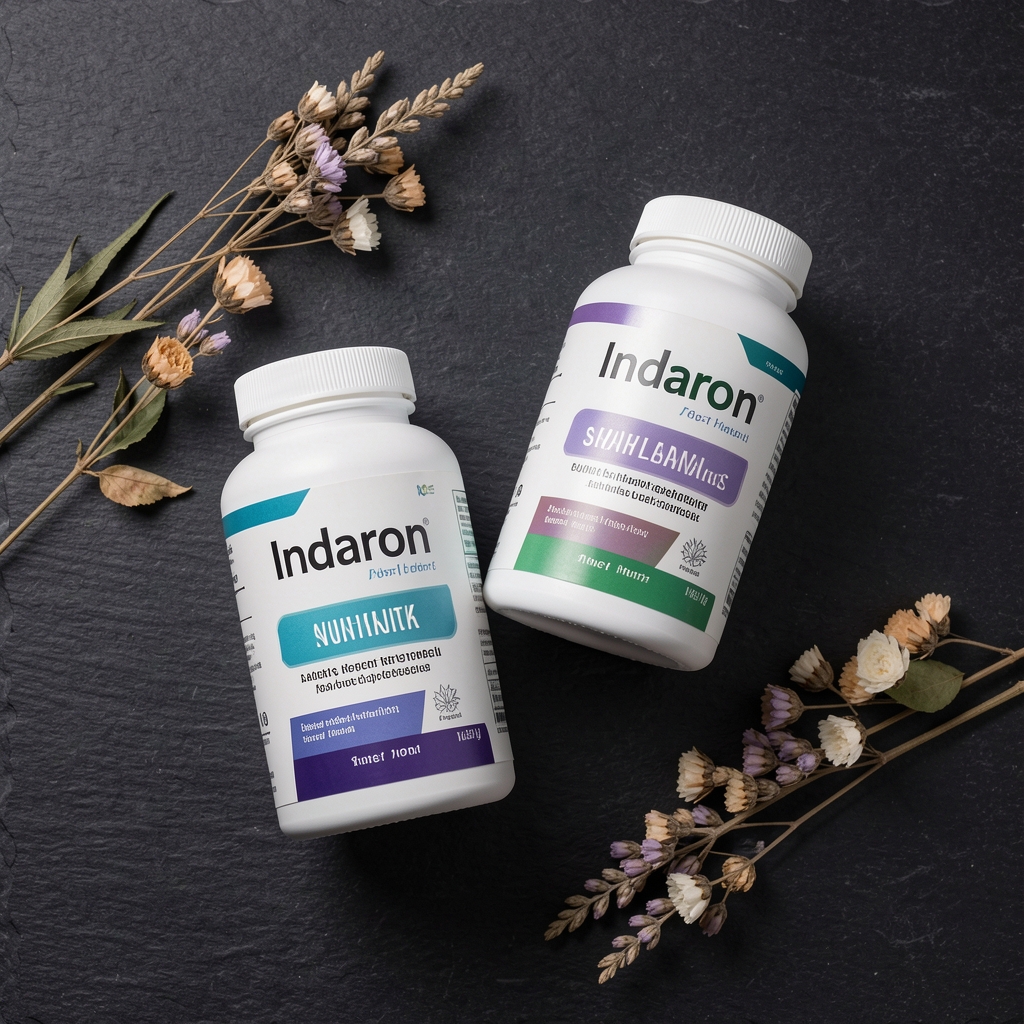 Flat-lay arrangement of Indaron supplement containers on a dark slate surface with dried botanical sprigs, in controlled studio lighting