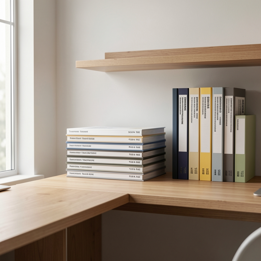 Clean wood-toned studio workspace with supplement batch documentation folders stacked on a shelf, natural light from a side window, minimalist interior