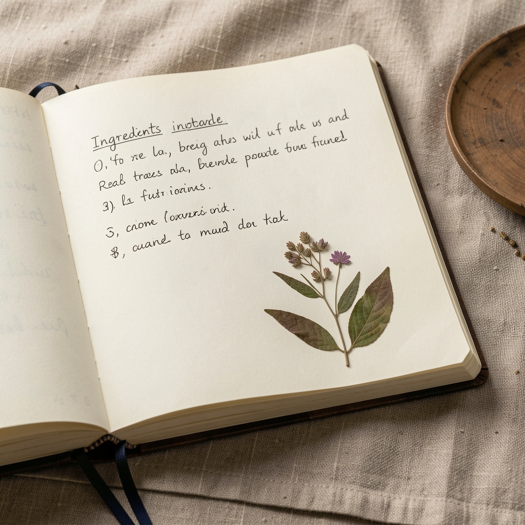 Close-up of open research notebook with handwritten ingredient notation and botanical sample pressed between pages on a linen surface