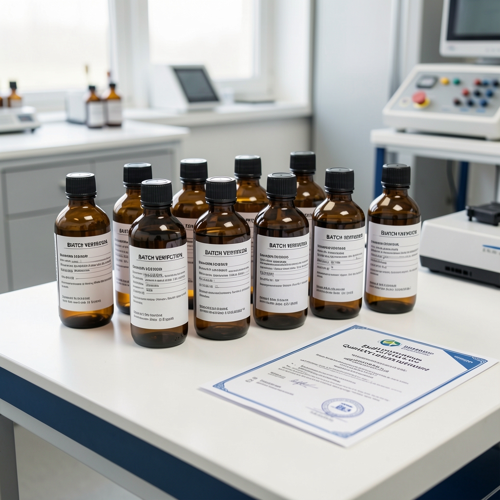 Labelled amber glass bottles arranged on a white quality-control bench with printed batch verification certificates beside them